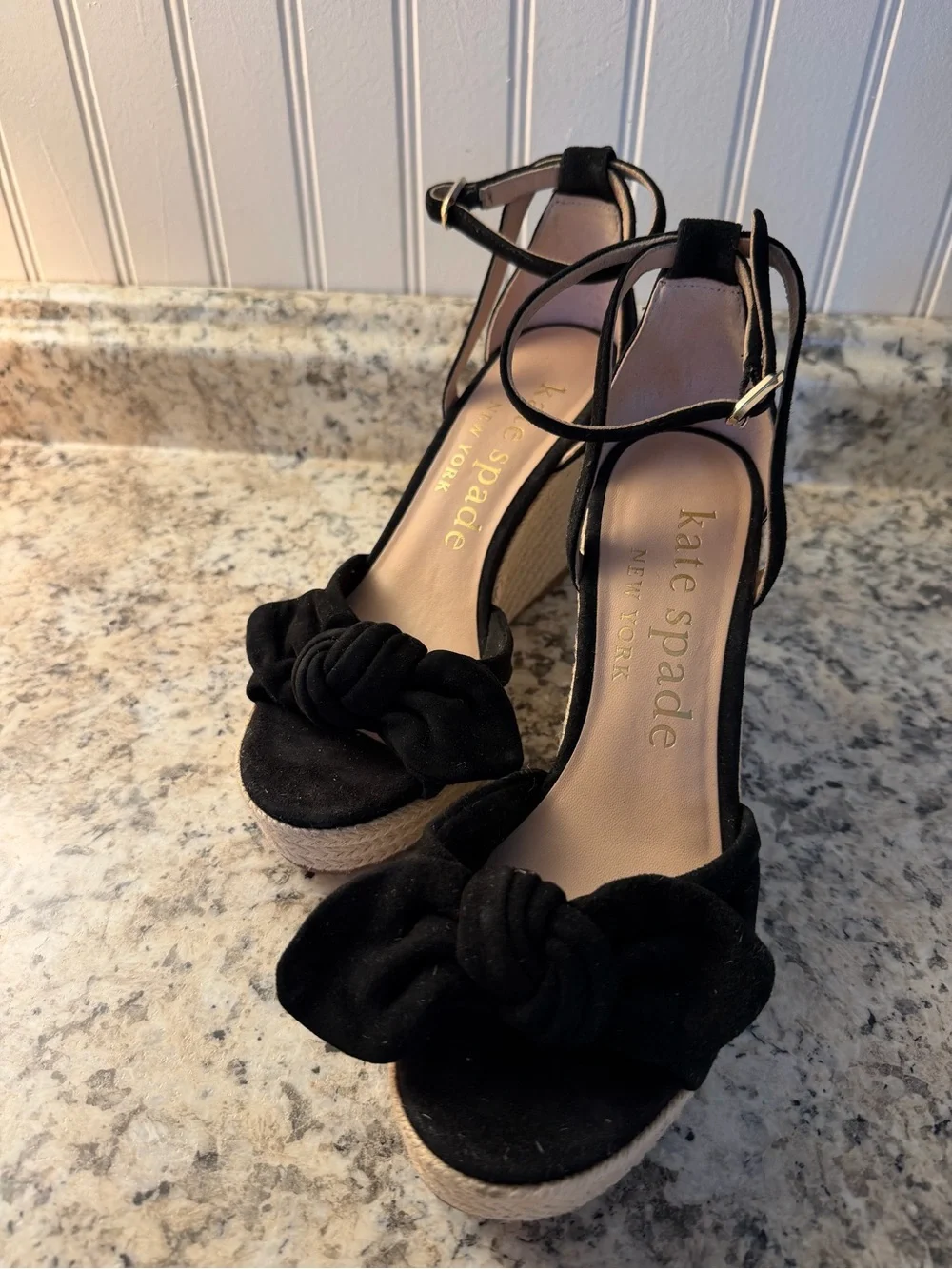 kate spade Black Suede Knotted Bow Espadrille Wedge Sandals Tianna Summer Fun